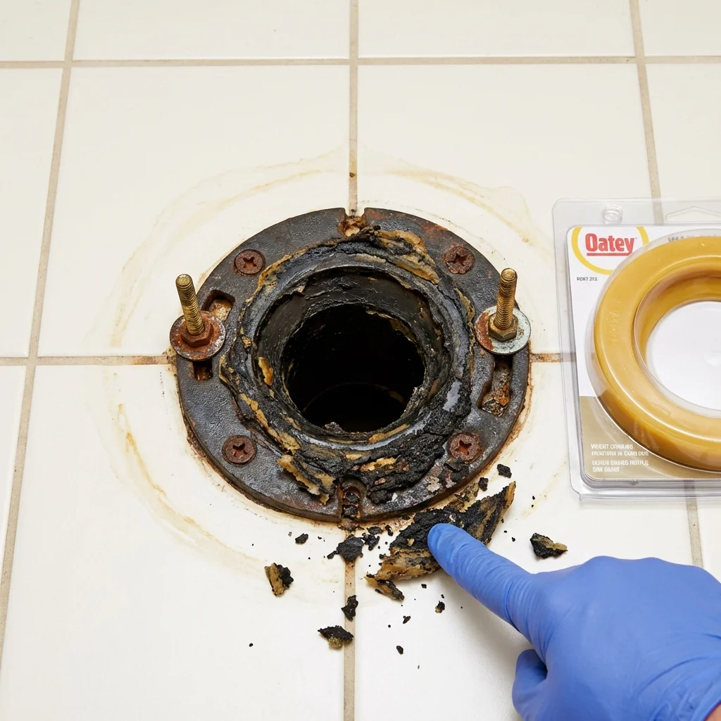 Failed wax ring showing water seepage at the base of a toilet in a Corning, AR home