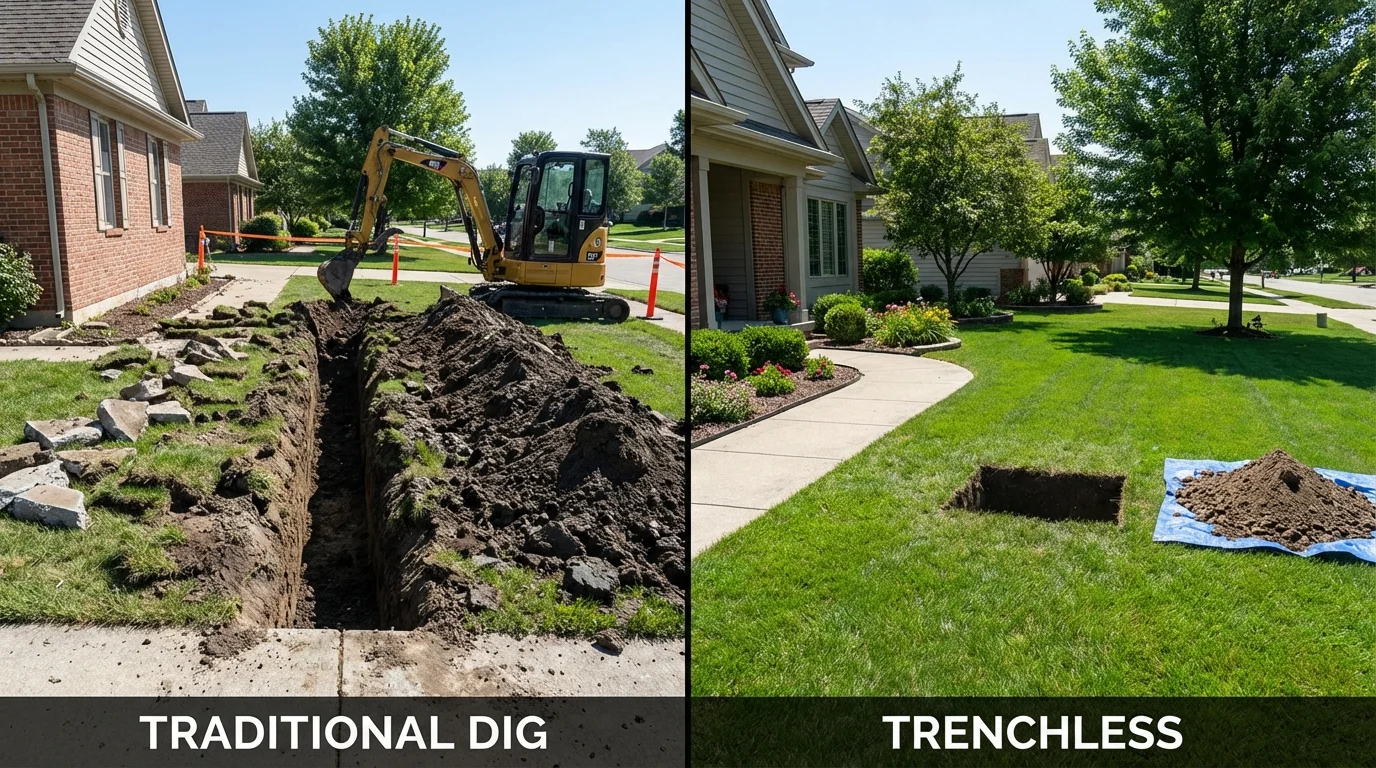 Trenchless sewer repair with minimal yard damage versus traditional excavation in Corning, AR