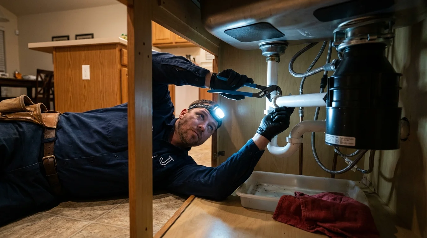 P-trap and supply line connections under a kitchen sink showing a common leak point in Corning, AR
